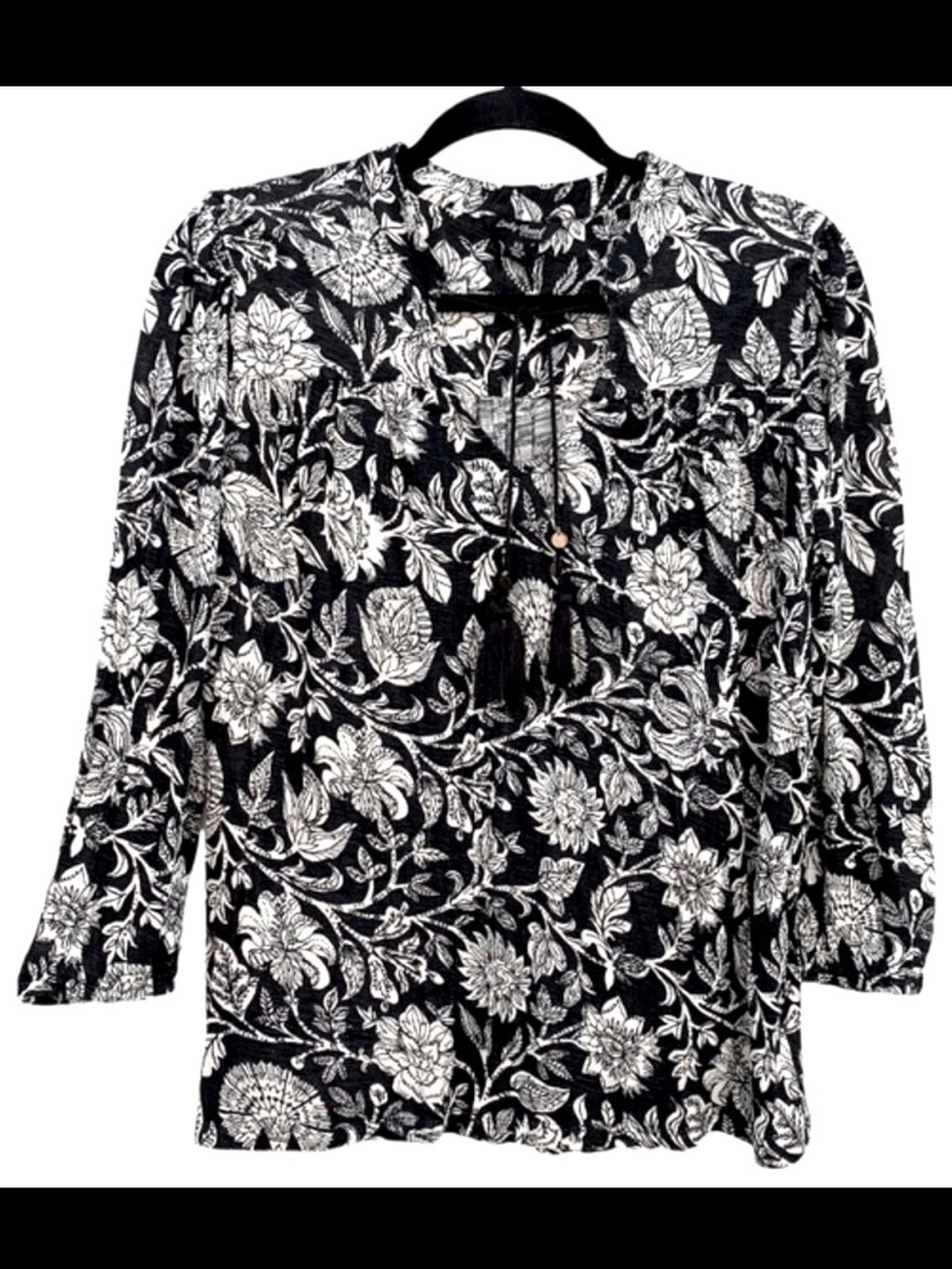 Lucky Brand Beaded Tassel Tied V-Neck Floral Print Top